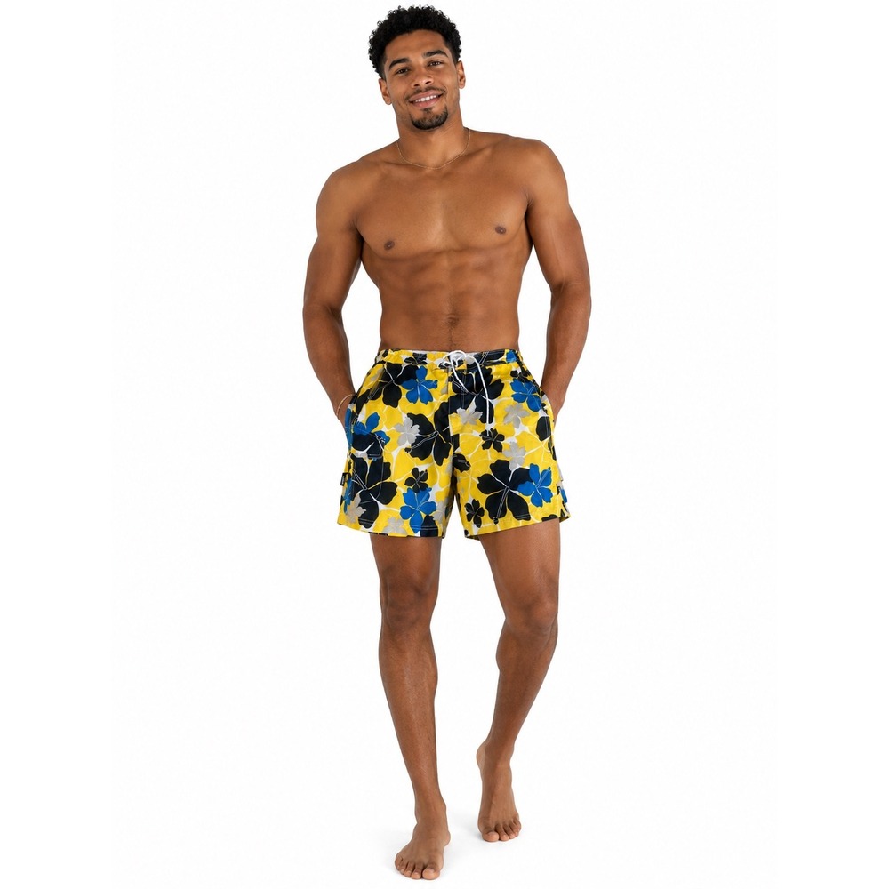 Nautica Mens‎ Yellow Hibiscus Floral Swim Trunks Blue Black Cargo Pocket Medium
